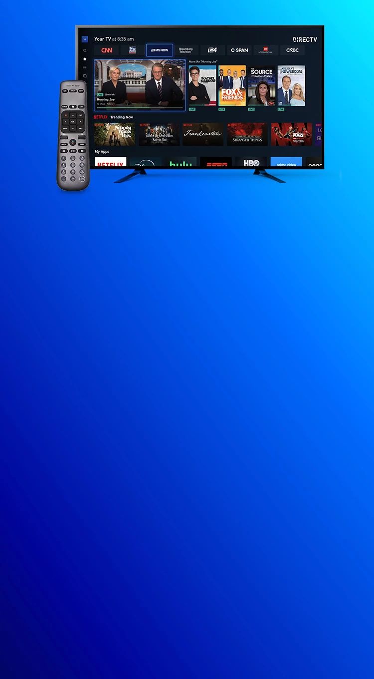 An image of the your tv menu of the directv app is shown on a flat screen tv with tiles of channel and show options. Accompanied by a directv remote