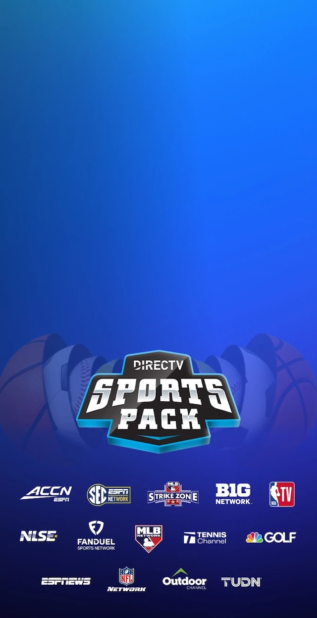 DIRECTV Sports Pack promotional banner featuring sports balls and channel logos including NBA TV, MLB Network, NFL Network, SEC Network, NFL RedZone, and more.