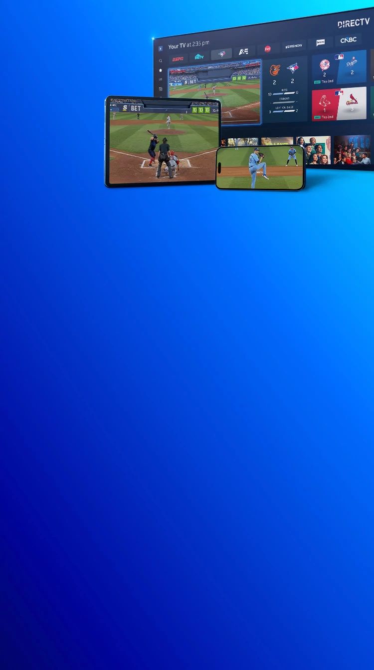 DIRECTV streaming service promotional banner showing a smart TV interface with live programming, including “The Neighborhood,” and related content thumbnails.