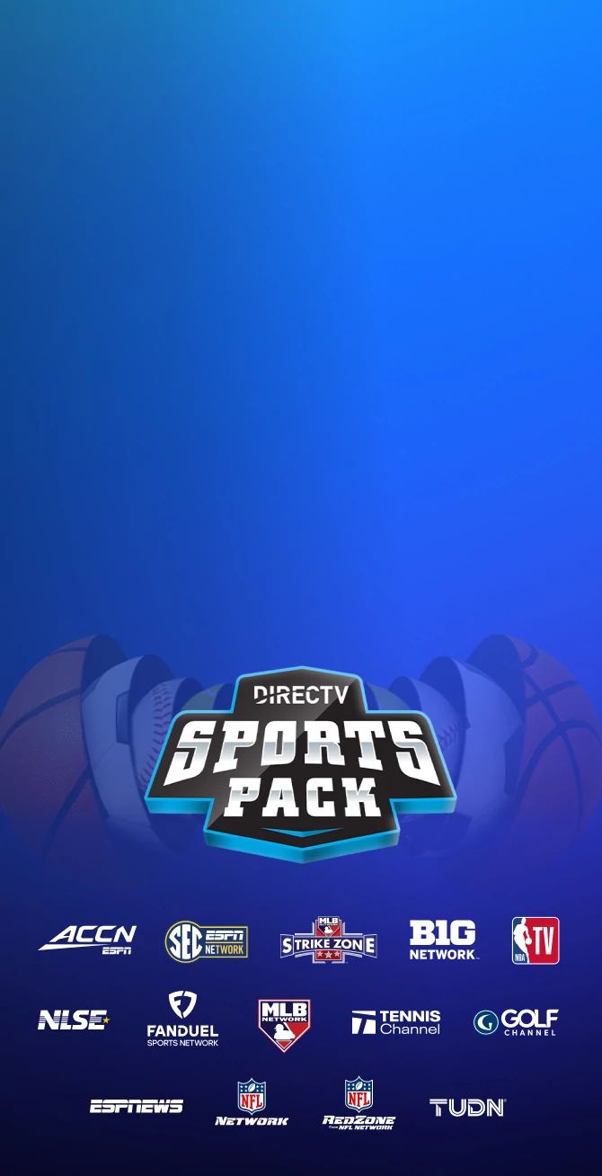 DIRECTV Sports Pack promotional banner featuring sports balls and channel logos including NBA TV, MLB Network, NFL Network, SEC Network, NFL RedZone, and more.