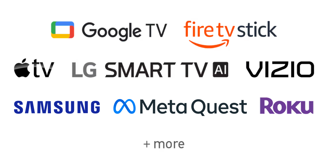 Logos for supported devices including Apple TV, Roku, Google TV, Fire TV Stick, LG Smart TV, Samsung, and Vizio.