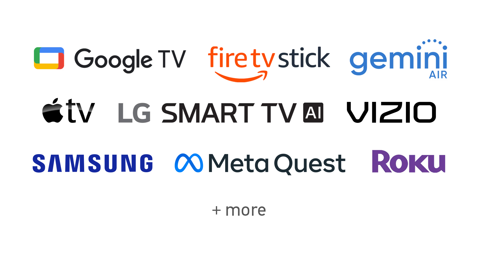 Logos for chromecast, firetvstick, gemini, peloton, Roku, and Vizio.