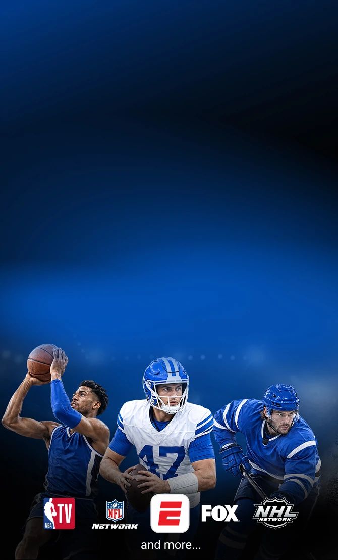 An image of a professional basketball player preparing to make a shot, a professional football player preparing to pass a football and a professional hockey player skating with a hockey stick is presented behind logos of popular sports channels available with DIRECTV packages including NBA TV, NFL Network, ESPN UNlimited Plan, FOX Sports, NHL Network, and more.