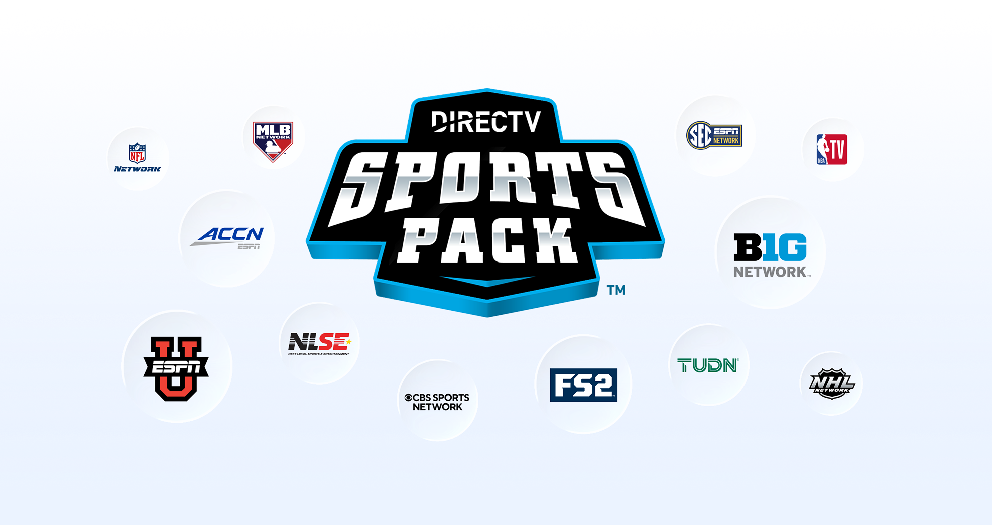 Logos of channels featured in the DIRECTV Sports Pack including FS2, MLB, and NHL.