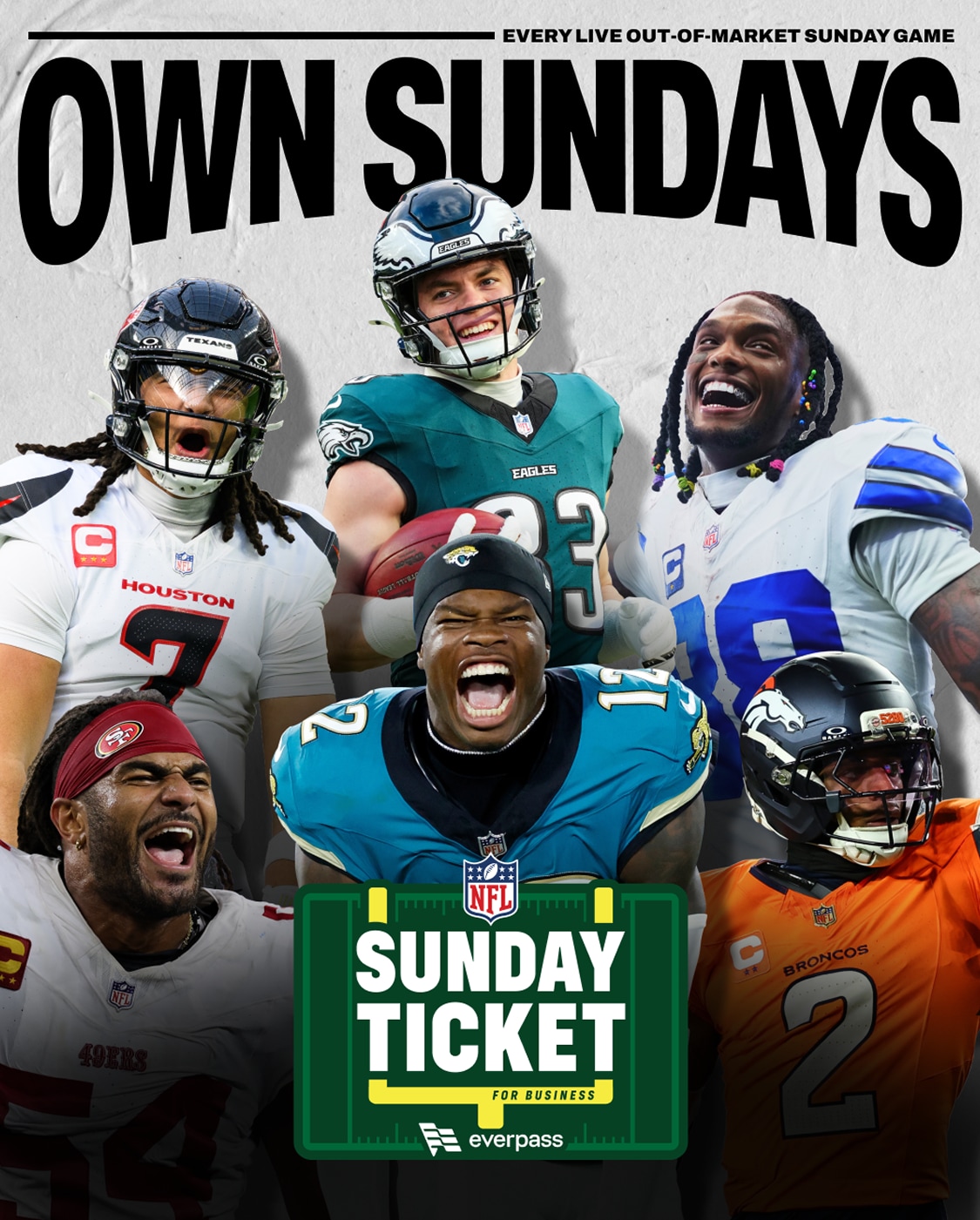NFL Sunday Ticket “Own Sundays” promotion featuring NFL players and an offer to get up to a $1,000 bill credit for new subscribers.