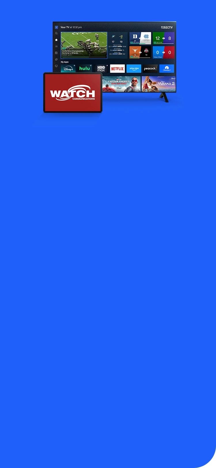 The watch communications logo is shown on a tablet device in front of a tv running the directv app