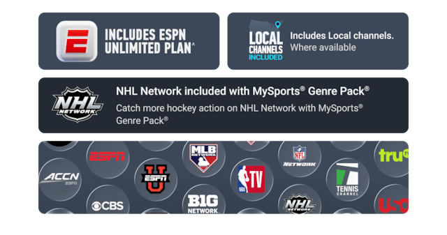 Sports channel logos included in MySports ACC Network, ESPN, NHL Network and the ESPN Unlimited Plan and Local Channels included badges.