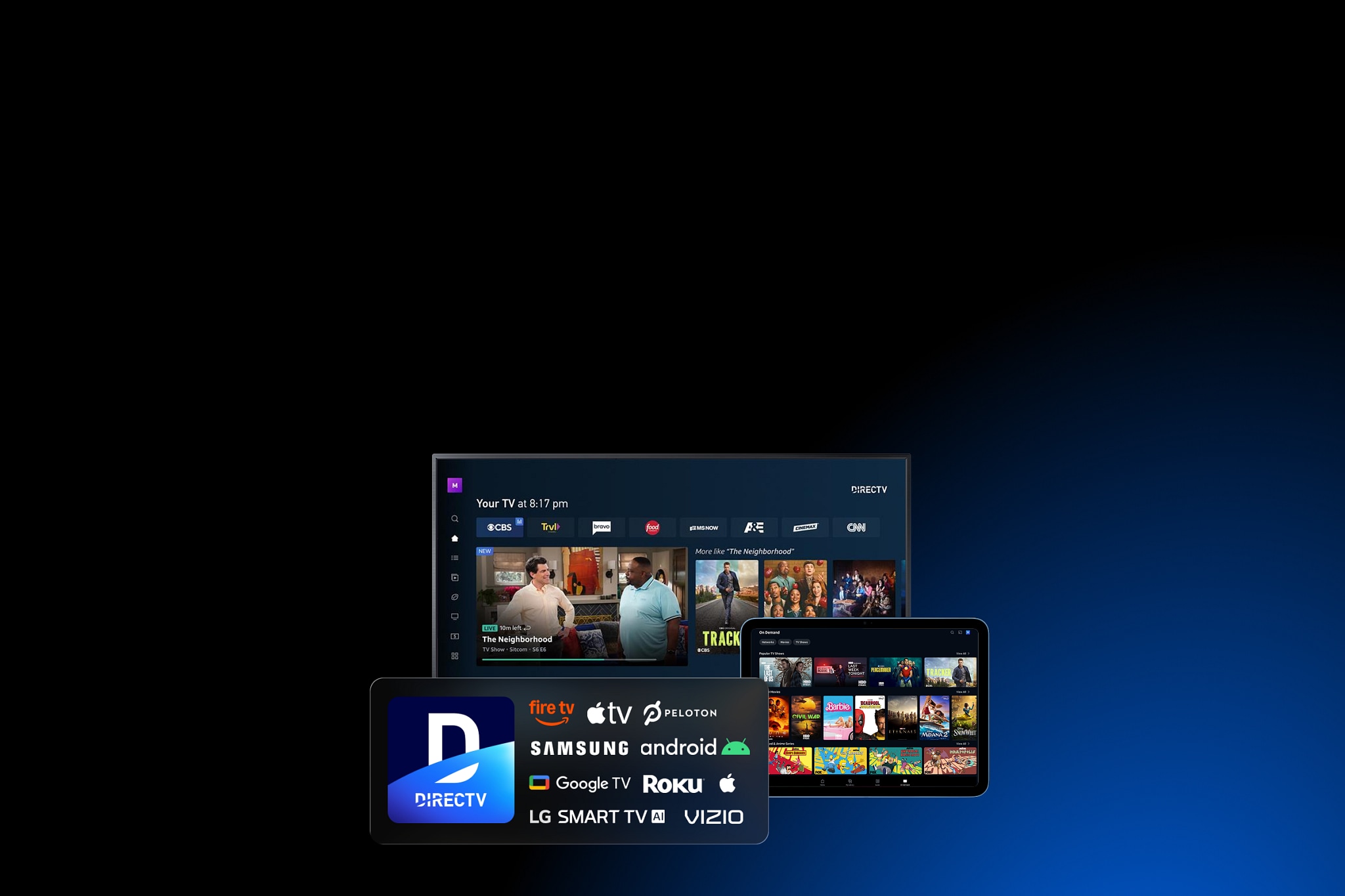 The directv app logo and compatible device logos for amazon fire, apple tv, peloton, apple, samsung, android, roku, google tv and vizio are presented in front of a tv and tablet device showing the directv app in use.