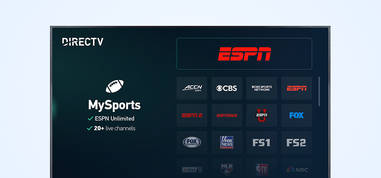DIRECTV MySports interface with channel logos like FS1, ESPN, ACCN, and CBS.