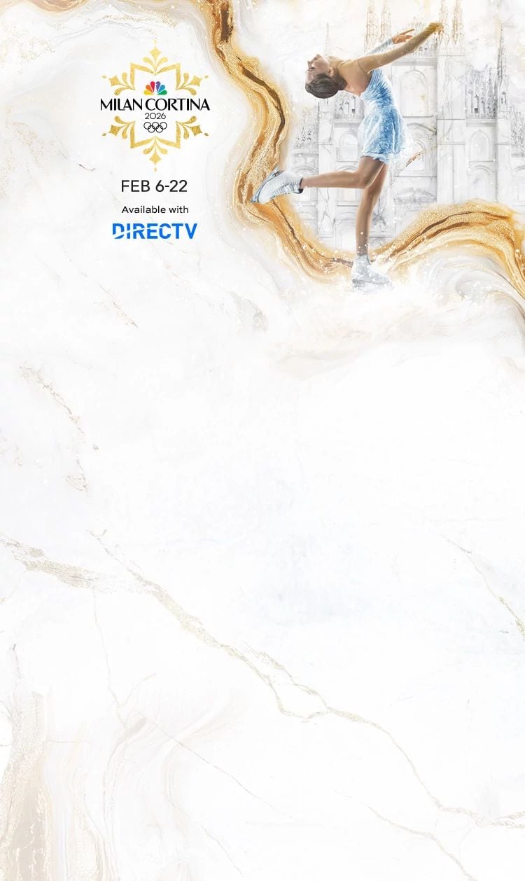 an olympic figure skater is performing in front of a marbled white and gold backdrop next to logo of the 2026 milan cortina winter olympic games, available with directv