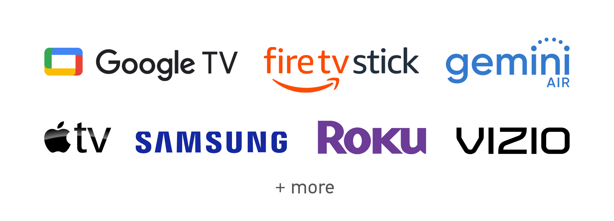 Logos of supported devices and platforms: Chromecast, Fire TV Stick, Gemini Air, Peloton, Roku, and Vizio.