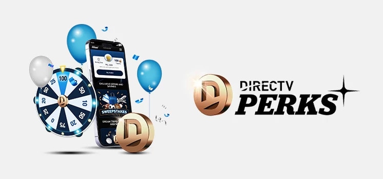 The DIRECTV PERKS app is shown on a mobile phone, accompanied by a prize wheel, DIRECTV PERKS coin logo, confetti and balloons