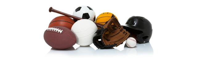 An image shows a variety of sports equipment including a Football, Baseball, Baseball bat, Baseball Glove, Baseball Helmet, Soccer Ball, Volleyball, and basketball.