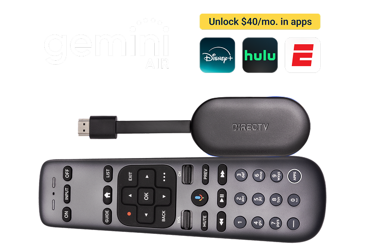 Gemini Air logo with banner reading “Unlock $40/mo. in apps” above Disney+, Hulu, and ESPN icons, alongside a DIRECTV Gemini Air streaming device and remote control.