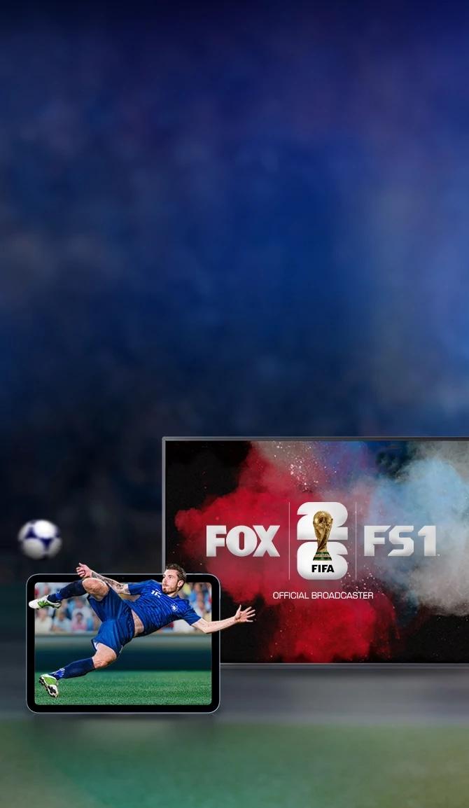 Soccer player kicking a ball in front of FOX and FS1 FIFA World Cup broadcaster graphics displayed on streaming devices.