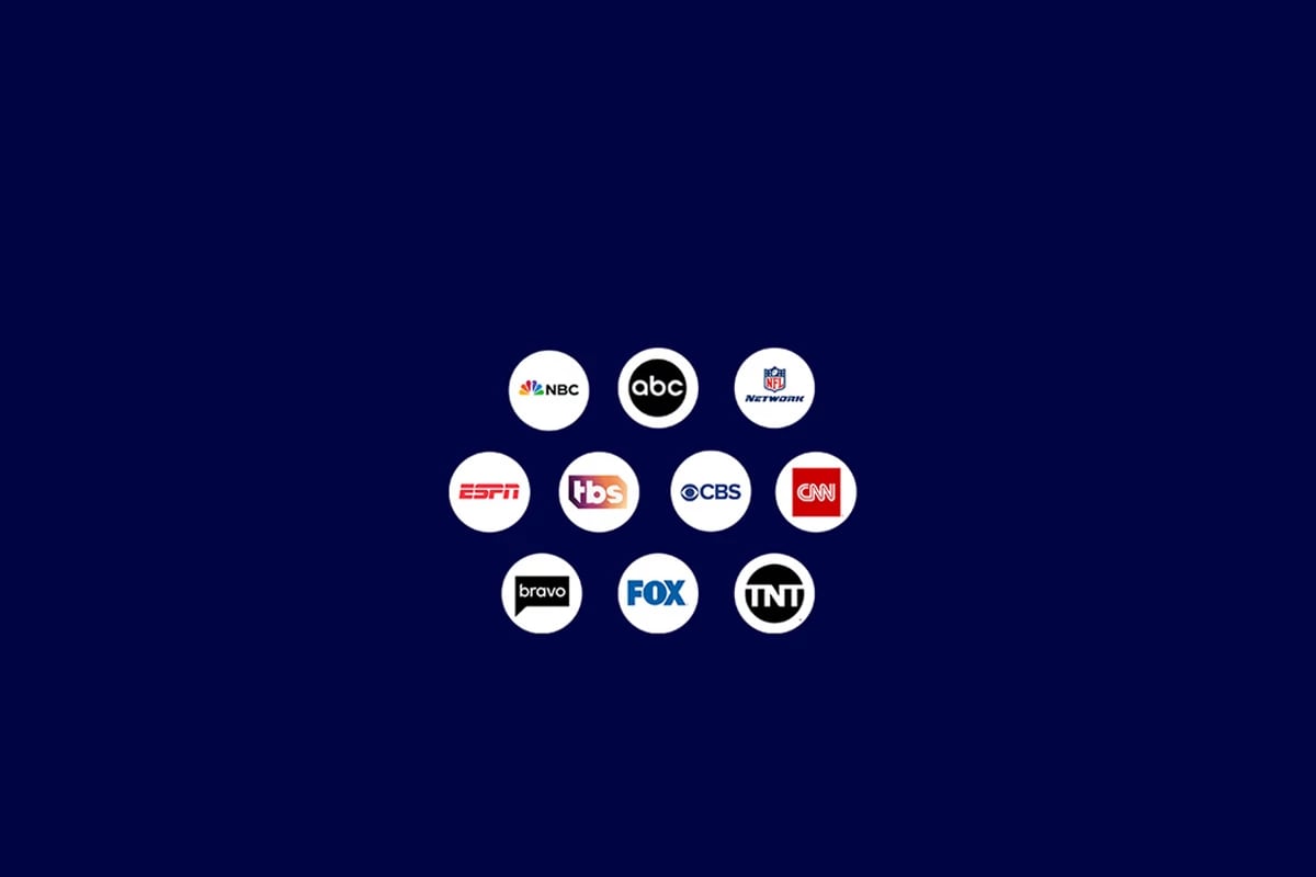 Programming logos for ABC, NBC, CBS, NFL Network, ESPN, CNN, TBS, Bravo, Fox , TNT