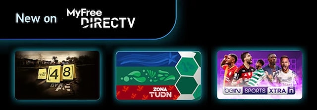 MyFree DIRECTV free streaming TV banner featuring The First 48 by A&E, Zona TUDN, and beIN SPORTS XTRA en Español.