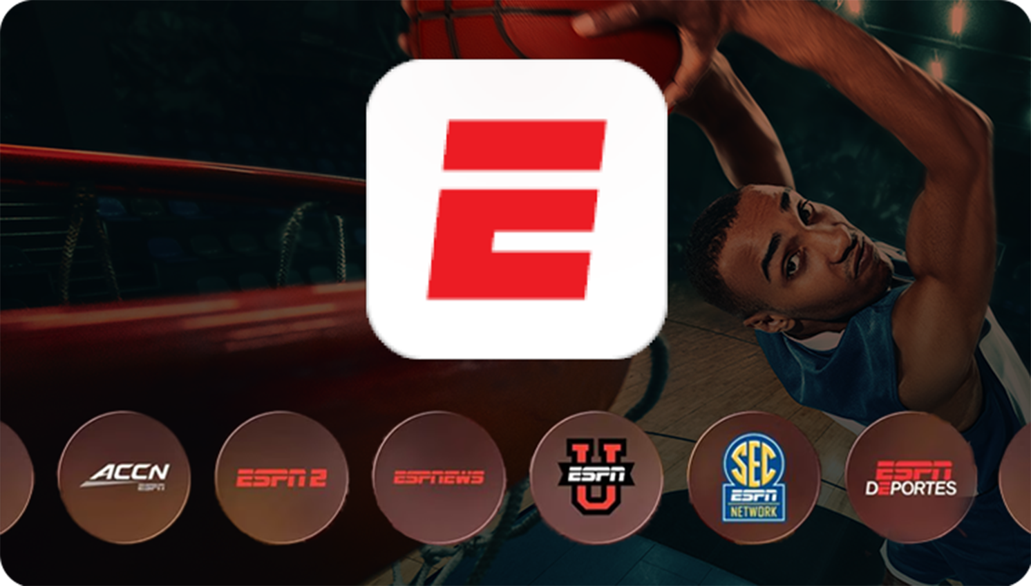 ESPN logo over a background of football players, with icons for SEC Network, NFL Network, NBA TV, NHL Network, MLB Network, and ACC Network shown underneath.