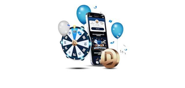 The DIRECTV PERKS app is shown on a mobile phone, accompanied by a prize wheel, DIRECTV PERKS coin logo, confetti and balloons