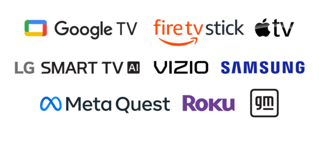 Logos for supported devices including Apple TV, Roku, Google TV, Fire TV Stick, LG Smart TV, Samsung, and Vizio.