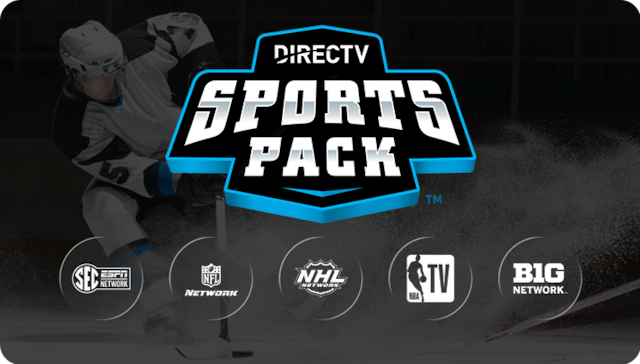 DIRECTV Sports Pack logo with channel logos for SEC Network, NFL Network, NHL, NBA TV, and Big Ten Network beneath.