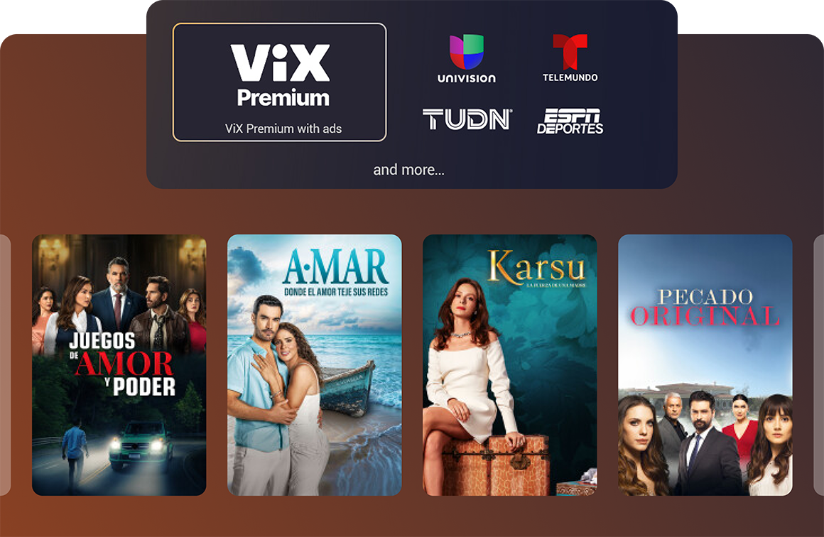 MiEspañol pack showing channels and titles like ViX Premium with ads, Univision, ESPN Deportes.