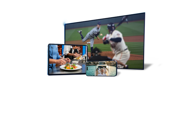 Various U-verse content plays on smart devices including a TV showing baseball, a tablet showing a cooking channel and a smartphone showing entertainment