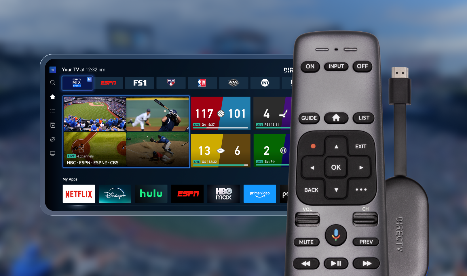 Gemini Air device and remote displayed next to a screen showing live sports, streaming apps, and multiview content.