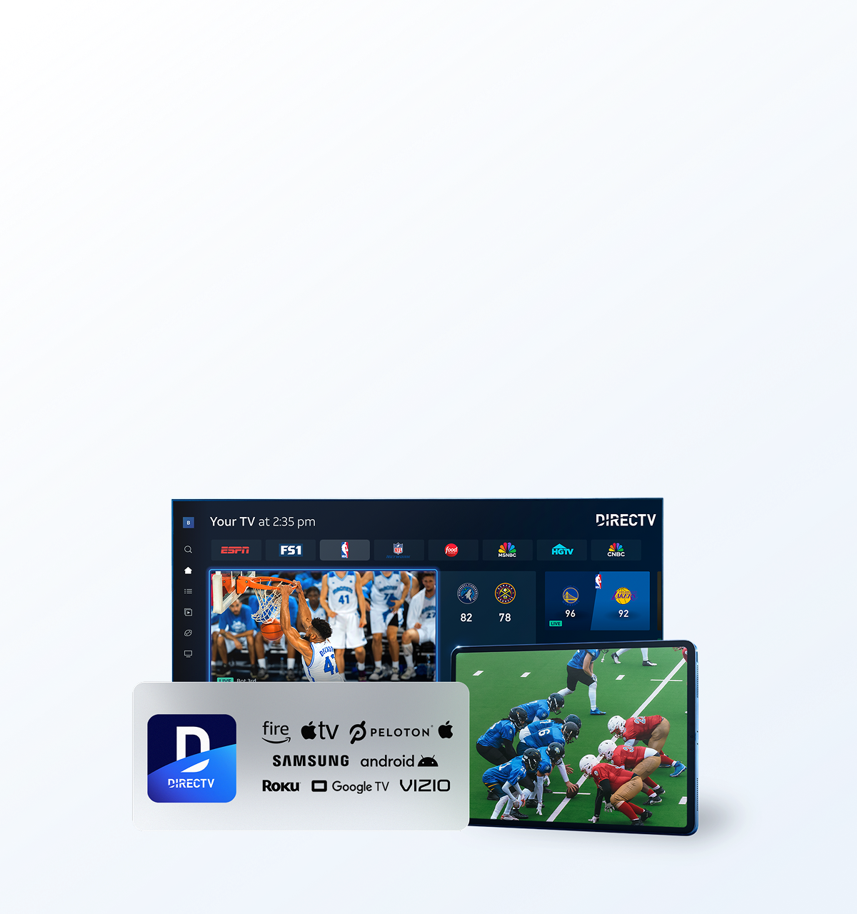 DIRECTV sports streaming shown on multiple devices with supported platform logos.