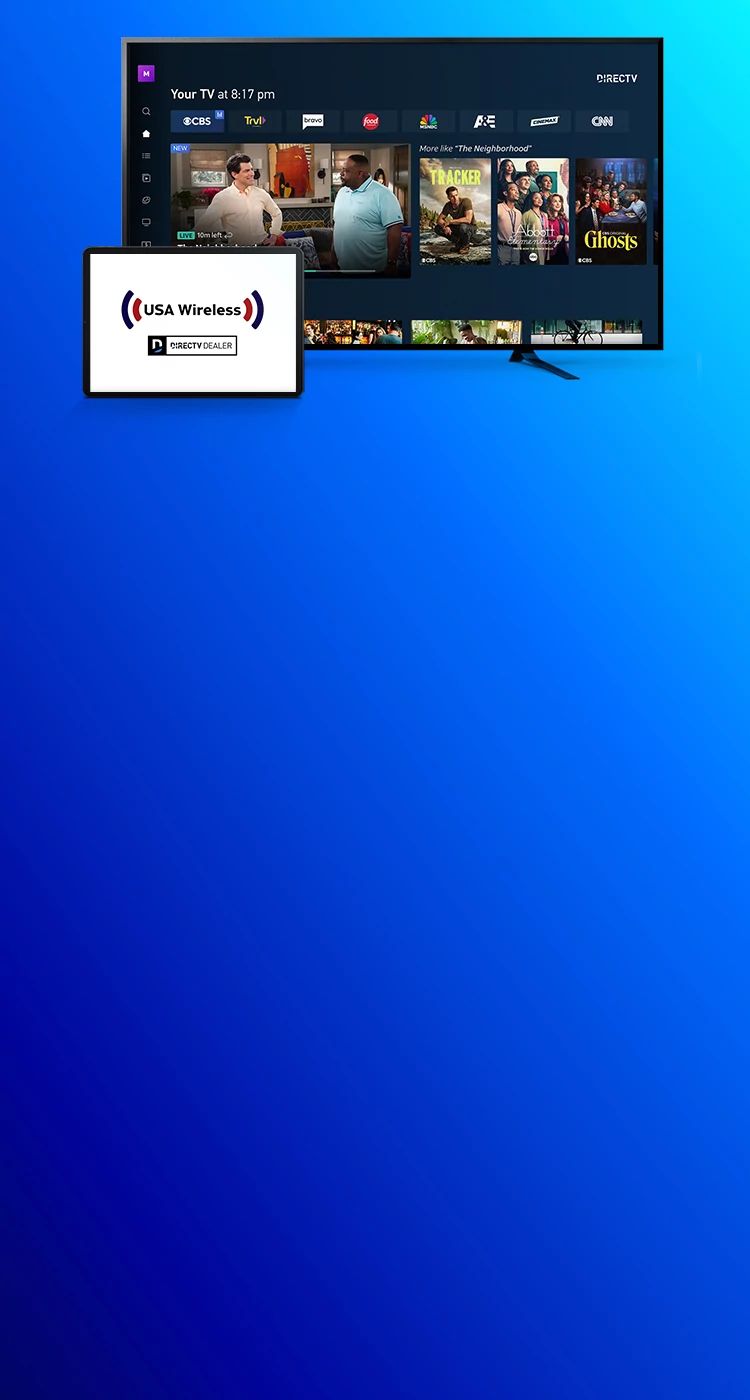 The dbl enterprises logo is shown on a tablet device in front of a tv running the directv app