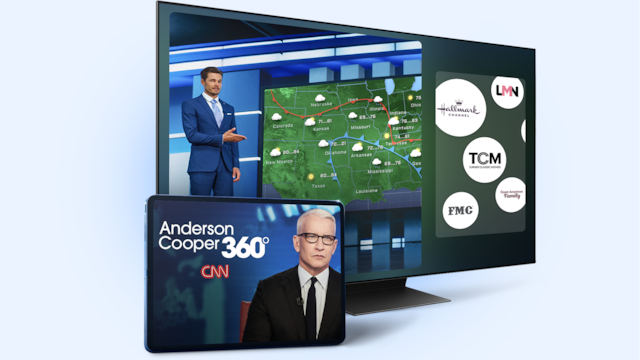 TV screen showing a weather forecast, classic movie channel logos like Hallmark, TCM, and a tablet displaying CNN Anderson Cooper 360.