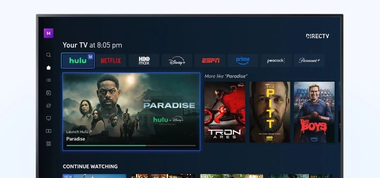 A smart TV screen running the DIRECTV app experience is shown navigating the “your TV” tab of the application.