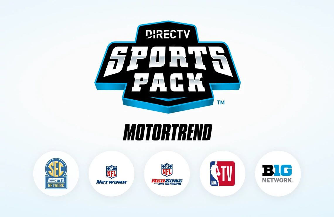 DIRECTV Sports Pack logo with MotorTrend branding and channel logos for SEC Network, NFL Network, RedZone, NBA TV, and Big Ten Network.