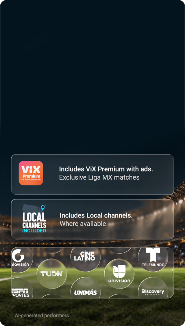 The ViX Premium app logo accompanied by available channel logos for ESPN Deportes, TUDN, Fox Deportes, TyC Sports, Univision and Telemundo are shown in front of a background image of a lit up soccer stadium.