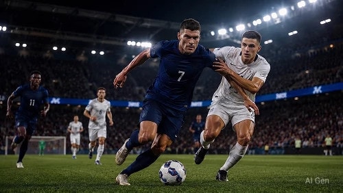 An AI generated scene of professional soccer players in a tense soccer match in a brightly lit soccer stadium.