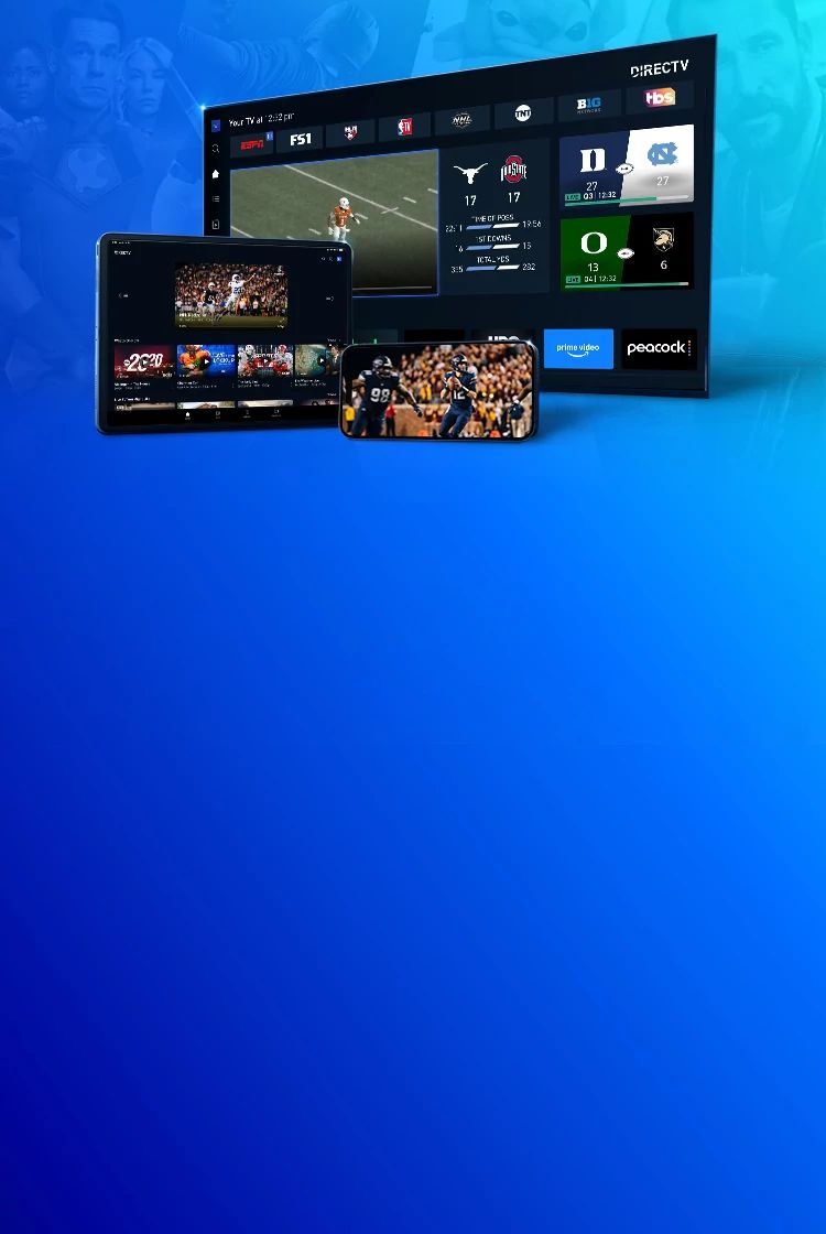 A smart TV, tablet, and smartphone are stacked in front of each other each showing the DIRECTV app experience displaying available football sports content and featured games.