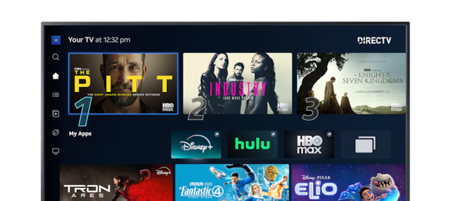 TV interface showing DIRECTV home screen with apps like Disney+, Hulu, and HBO Max.