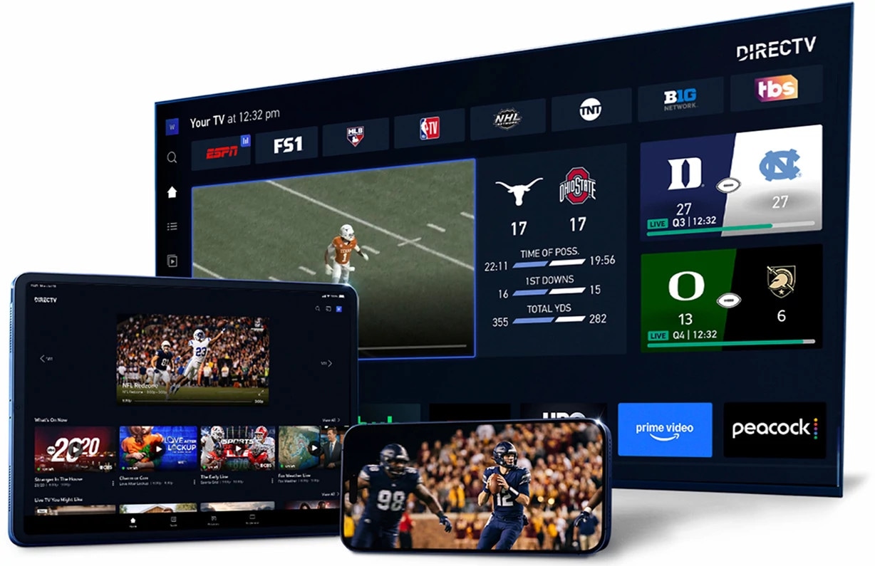 A smart TV, tablet, and smartphone are stacked in front of each other each showing the DIRECTV app experience displaying available football sports content and featured games. 