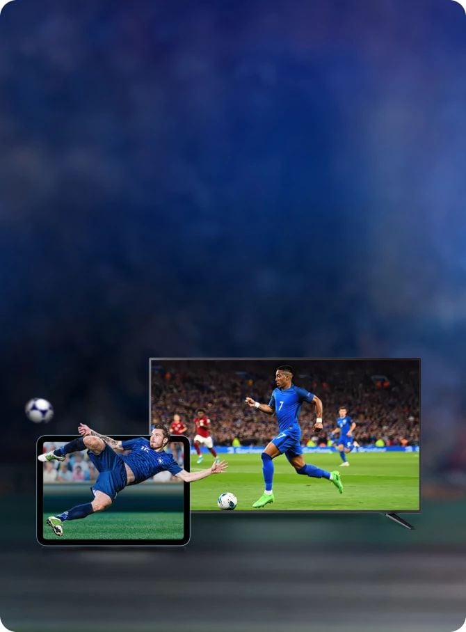 Soccer players kicking a ball in front of World Cup soccer stadium graphics displayed on streaming devices.
