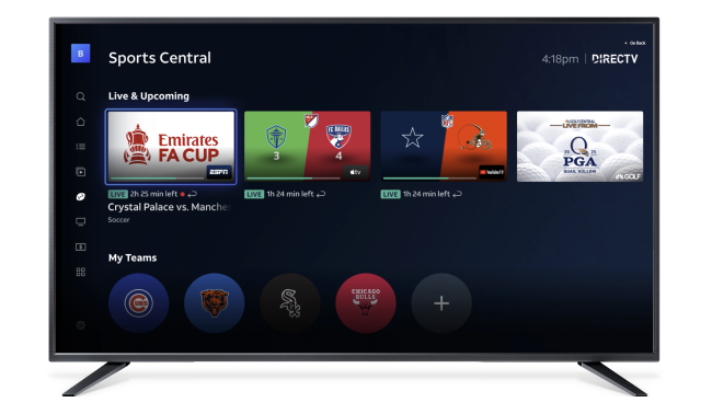A smart tv displays the sports central experience on the DIRECTV App with several available live games to select and watch