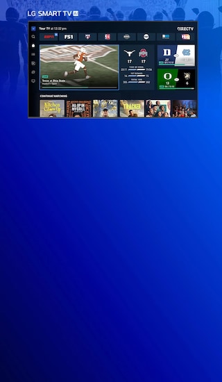 An LG smart tv displays the DIRECTV app experience featuring highlighted popular sports channels and currently playing football games. A background image behind the devices shows an image of a football team running into a packed football stadium for the start of a game.