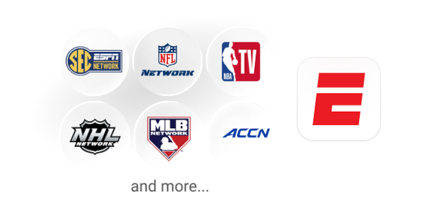 ESPN logo with sports league logos including SEC Network, NFL Network, NBA TV, NHL Network, MLB Network and ACC Network.