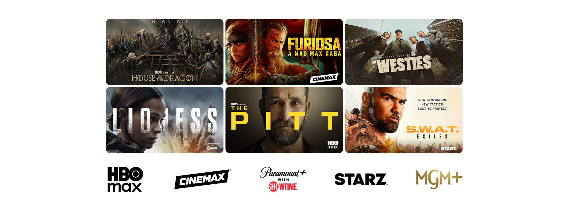 Movies on premium channels such as HBOMax, Cinemax, Paramount plus with Showtime, Starz and MGM plus.