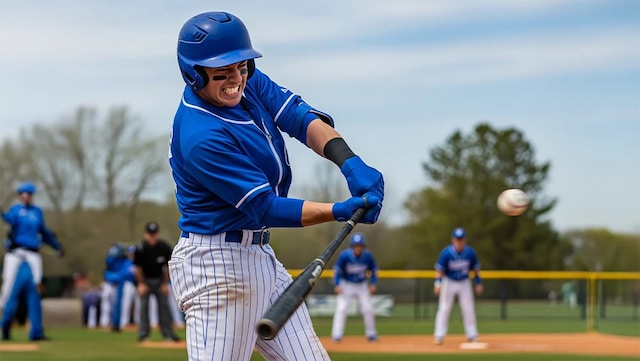 A college baseball player in a blue and white uniform swinging his bat at a pitched baseball