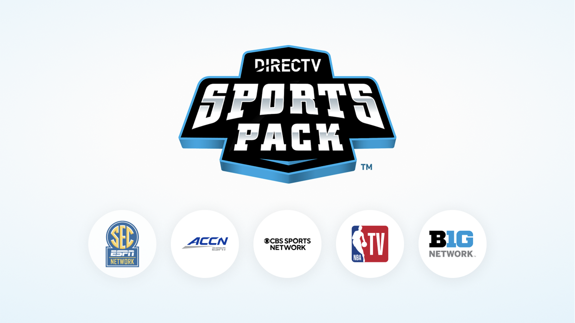 DIRECTV Sports Pack logo with channel logos including SEC Network, ACC Network, CBS Sports Network, NBA TV, and Big Ten Network.