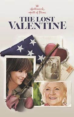 The Lost Valentine poster with a woman holding a vintage photo of a soldier and an American flag.