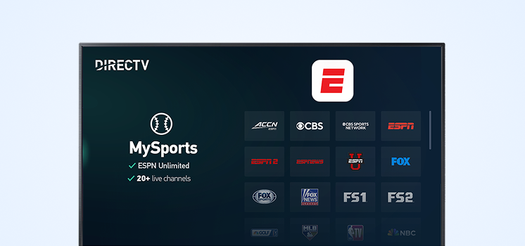 DIRECTV MySports interface with channel logos like FS1, ESPN, ACCN, and CBS.