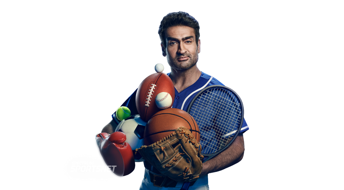 Man holding multiple sports balls surrounded by logos including NBC Sports, YES Network, FanDuel Sports Network, and Spectrum SportsNet.