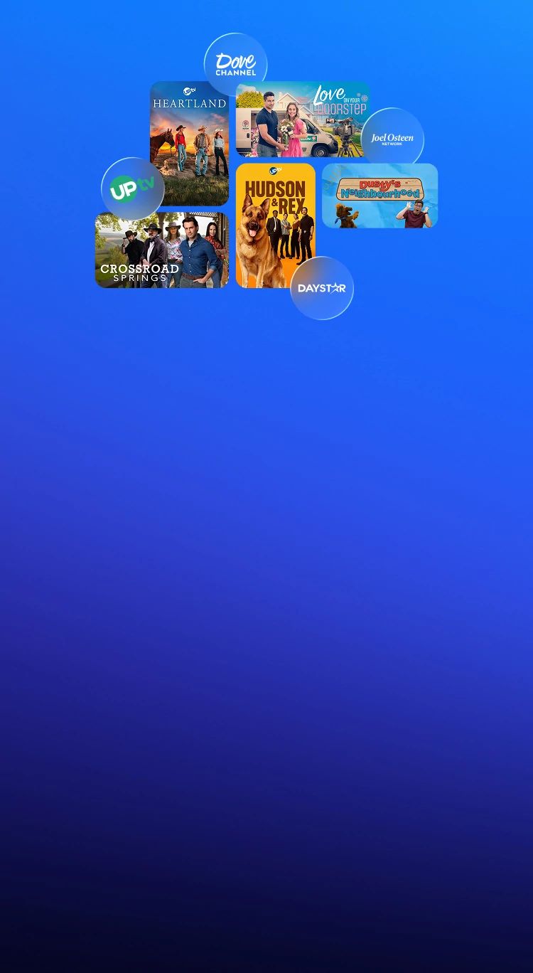 Faith-based TV network logos and Christian programming thumbnails including UPtv, Dove Channel, and family-friendly shows.