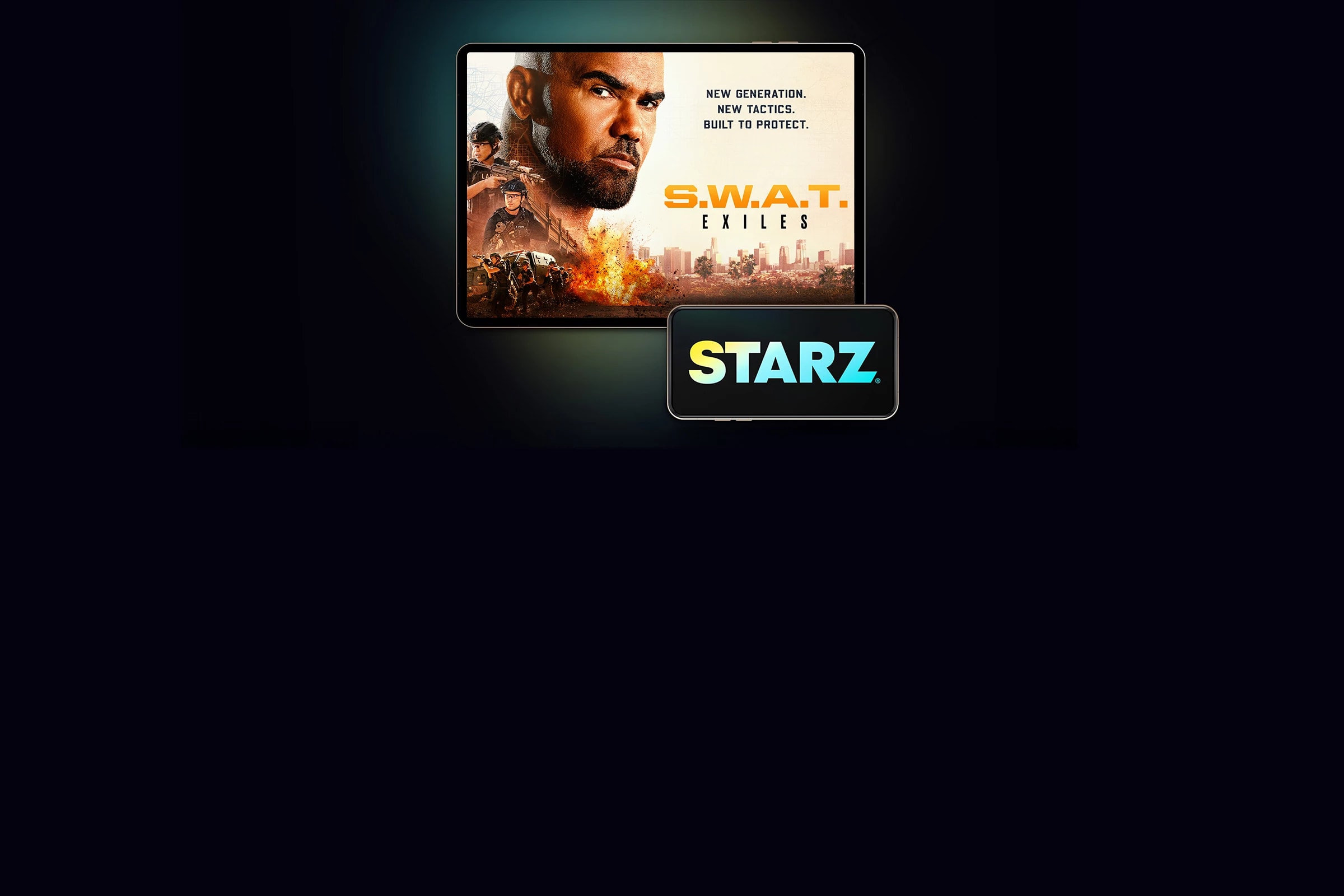 A tablet device displays a show poster for STARZ exclusive title S.W.A.T. Exiles Season 1, accompanied by a horizontal smartphone displaying the STARZ network logo.